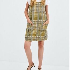 Zara Yellow Black Silver Plaid overall jumper  Dress with pockets Size Medium